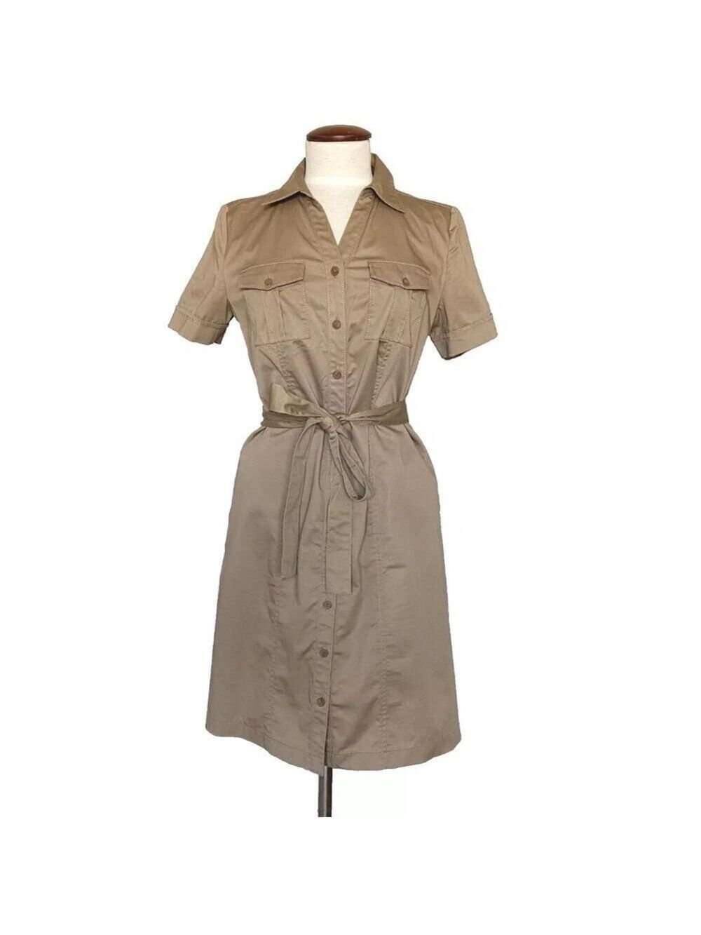 Talbots Belted Button Up Shirt Dress Khaki Tan Size 8 Pockets